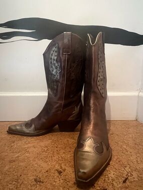 BCBG bronze Western Cowboy Boots with Metallic Accents